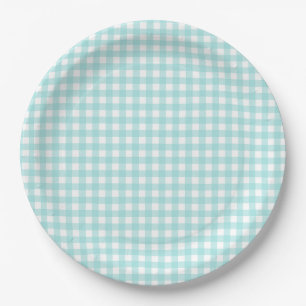 Faye en Lauren Aqua Blue Gingham Papieren Bordje