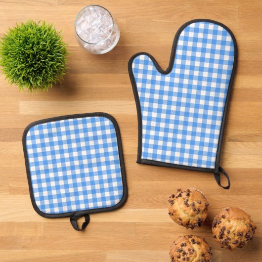 Faye en Lauren Blue Gingham Ovenwant & Pannenlap Set (Top down)