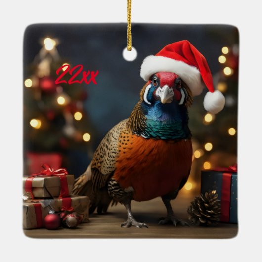 Fazant met kerstmuts keramisch ornament (Achterkant)