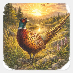 Fazant Zonsondergang Jacht Vogel Natuur Cadeau Vierkante Sticker