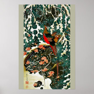 Fazanten in sneeuw, dennenboom, rozen, Japanse blo Poster