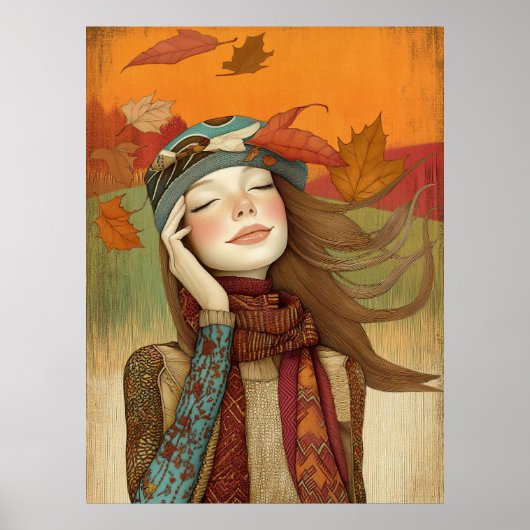 *~* FD2 Fall Leaves Girl Herfst Retro 7 Poster (Voorkant)