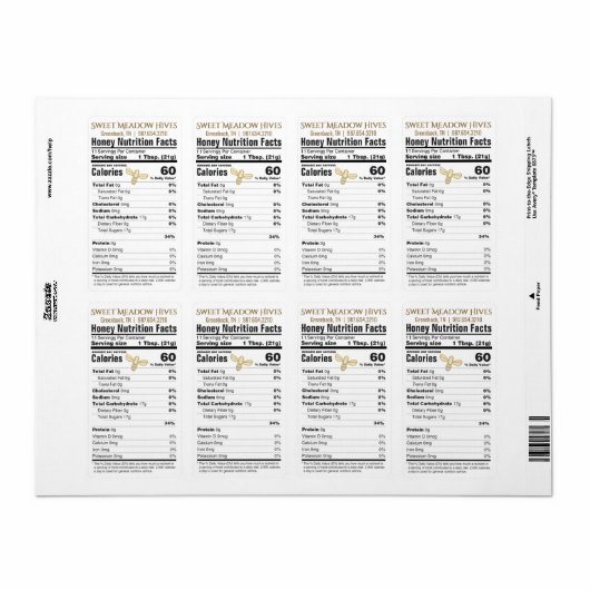 FDA Conforme Nutrition Honey Étiquette 2022 (Feuille entière)