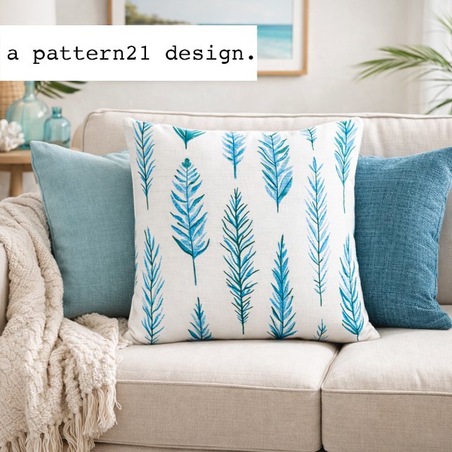 feather and fern blues pattern kussen (Watercolor fern pillow adds fresh blue botanical pattern to relaxed coastal interiors)