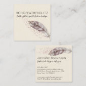Feather Boho Glitter beige Elegant Vierkante Visitekaartje (Voorkant / Achterkant)