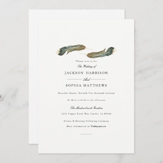 Feather Duo | Waterverf bruiloft uitnodigen Kaart (Voorkant / Achterkant)