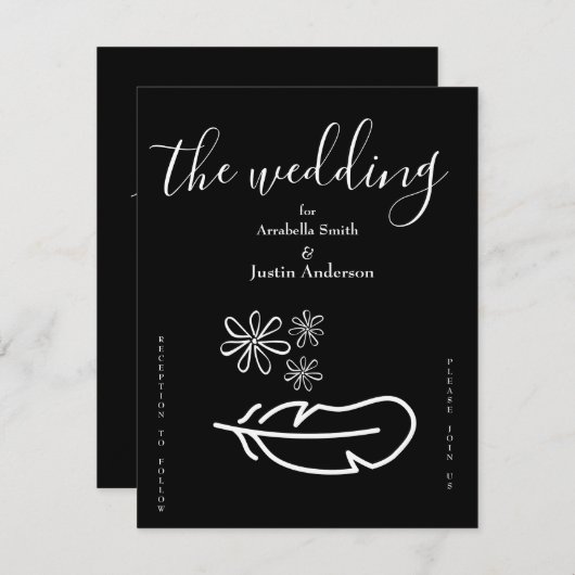 Feather Floral Zwart-wit bruiloft uitnodiging (Voorkant / Achterkant)