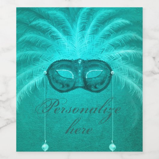Feather maskerade masker elegant  blauwgroen deco wijn etiket (Enkel label)