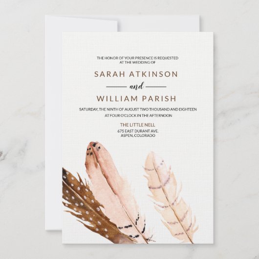 Feather Waterverf bruiloft uitnodiging (Voorkant)