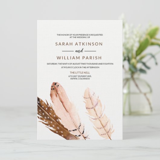 Feather Waterverf bruiloft uitnodiging (Staand voorkant)