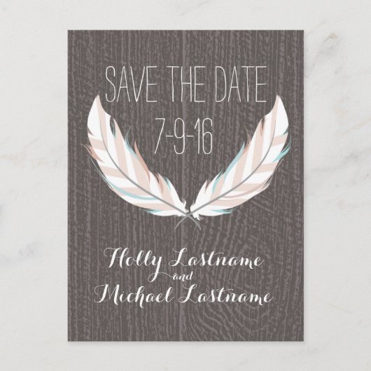 Feathers + Barn Wood Wedding Save the Date Aankondigingskaart (Voorkant)