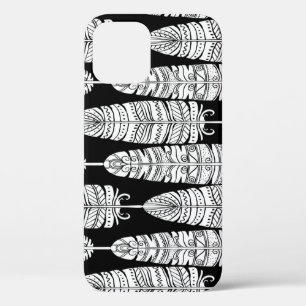 Feathers boho: zwart-wit patroon iPhone 12 hoesje