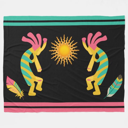 Feathers en Kokopelli Fleece Blanket (Voorkant (Horizontaal))