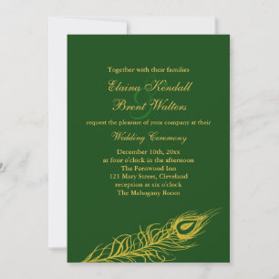 Feathers on Emerald Green Wedding Invitation Kaart