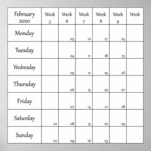 februari 2020 planner kalender met weeknummer poster