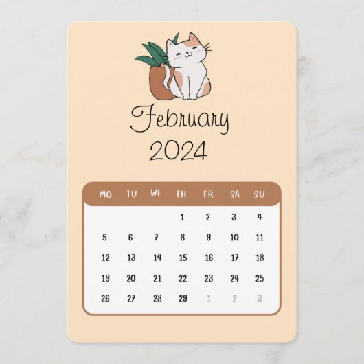 Februari 2024 Stand Alone Kat en Plant Kalender Menu (Voorkant)