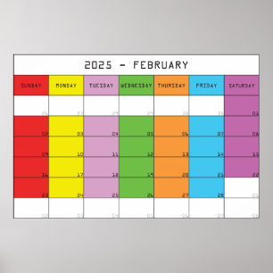 Februari 2025 kleurdagen kalender planer poster