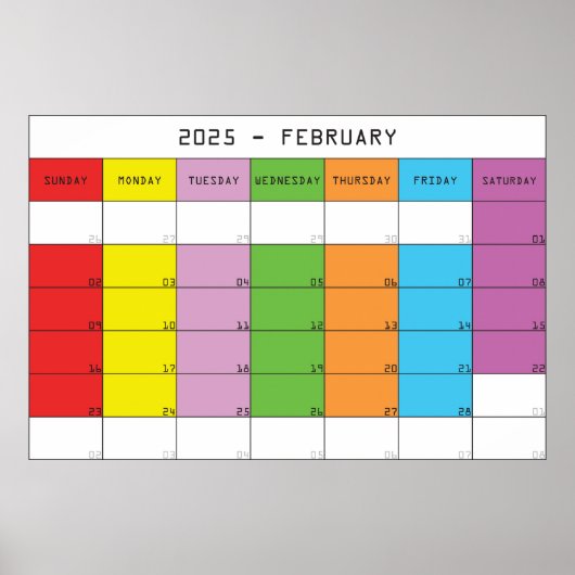 Februari 2025 kleurdagen kalender planer poster (Voorkant)