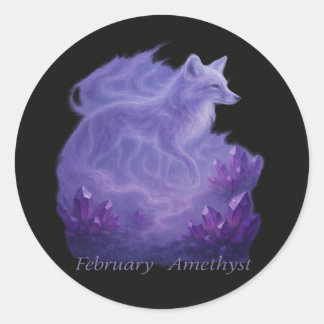 Februari Amethist – Mystical Fox & Crystal Ronde Sticker