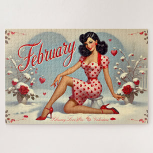 Februari Retro Bruine Pin-Up Meisje Legpuzzel