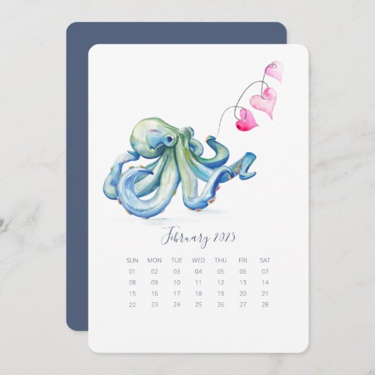 Februari stand-alone Kalenderblauw Octopus Menu (Voorkant / Achterkant)