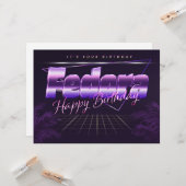 Fedora prénom nom carte rétro lilas anniversaire (Devant/Arrière en situation)