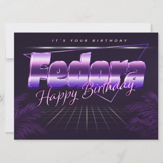 Fedora prénom nom carte rétro lilas anniversaire (Devant)