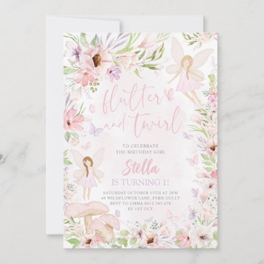 Fée 1er Anniversaire Invitation Flutter & Twirl Pi (Devant)