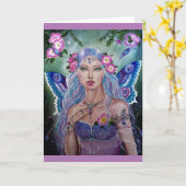 Fée bleu violet avec carte de voeux rose sauvage (Fleur jaune)