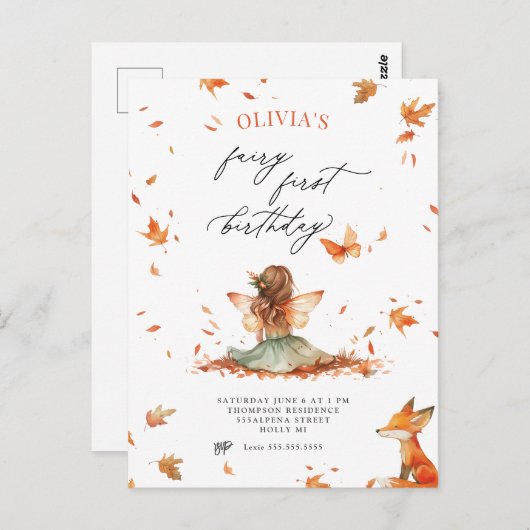 Fée d'automne et Fox première invitation d'anniver (Devant / Derrière)