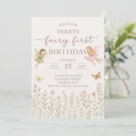 Fée de forêt enchantée 1er anniversaire Invitation (Debout devant)