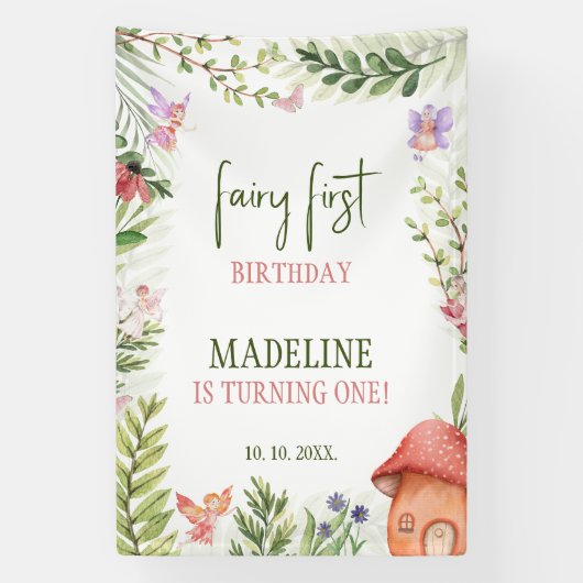 Fee Eerste Verjaardag Achtergrond Betoverd Woud Spandoek (Verticaal)
