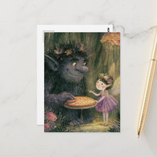 Fee en een leuke trol pizzafeestje in het bos briefkaart