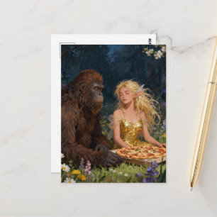 Fee en een Sasquatch eten pizza in het bos Briefkaart