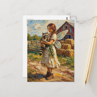Fee en haar huisdier wasbeer op een boerderij briefkaart