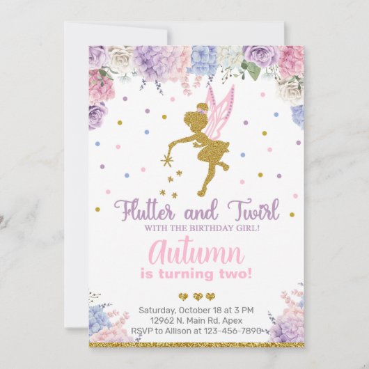 Fée fille invitation d'anniversaire, fleurs or n'i (Devant)
