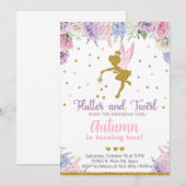 Fée fille invitation d'anniversaire, fleurs or n'i (Devant / Derrière)
