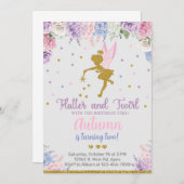 Fée fille invitation d'anniversaire, fleurs or n'i (Devant / Derrière)