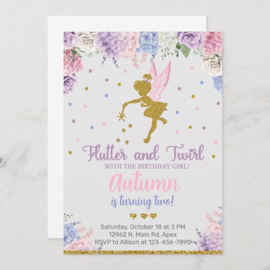 Fée fille invitation d'anniversaire, fleurs or n'i (Devant / Derrière)