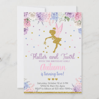 Fée fille invitation d'anniversaire, fleurs or n'i