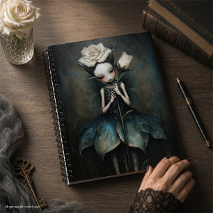 Fée gothique enchantée tenant une rose blanche
