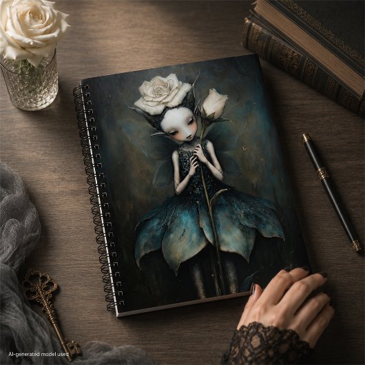 Fée gothique enchantée tenant une rose blanche