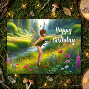 Fee in de verjaardagstuin met wilde bloemen briefkaart