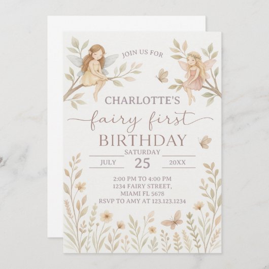 Fée magique 1er anniversaire Invitation (Devant / Derrière)