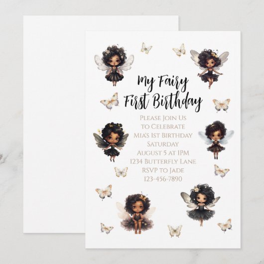 Fée Papillon Anniversaire Invitation Afro Fairy (Devant / Derrière)