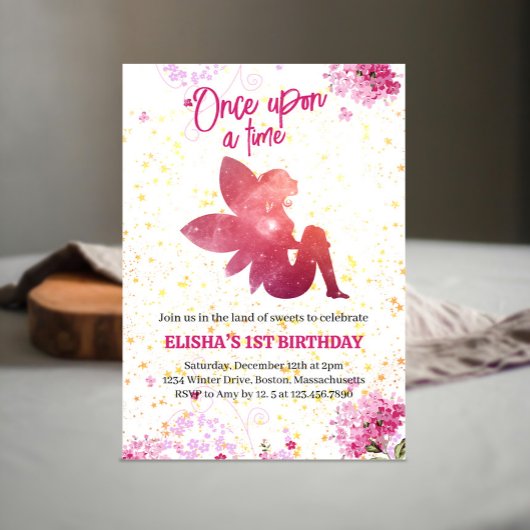 Fée rose Floral 1er anniversaire Invitation