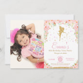 Fée rose florale 1er anniversaire Invitation de fê (Devant)