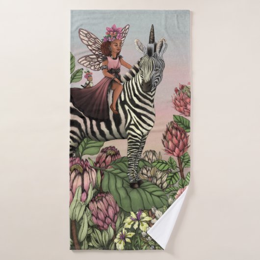 Fée rose mignonne sur Zebra Unicorn Floral Art (Serviette de bain)