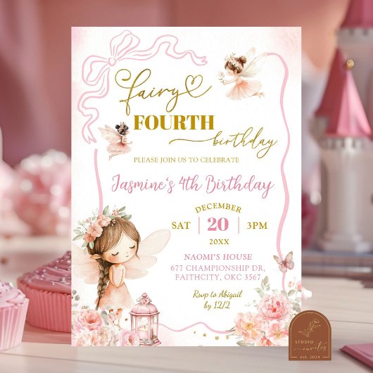 Fée rose quatrième fille Invitation anniversaire