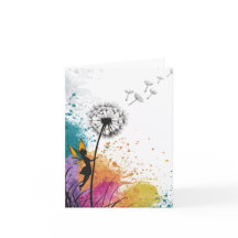 Fée secouant une carte blanche de pandelion